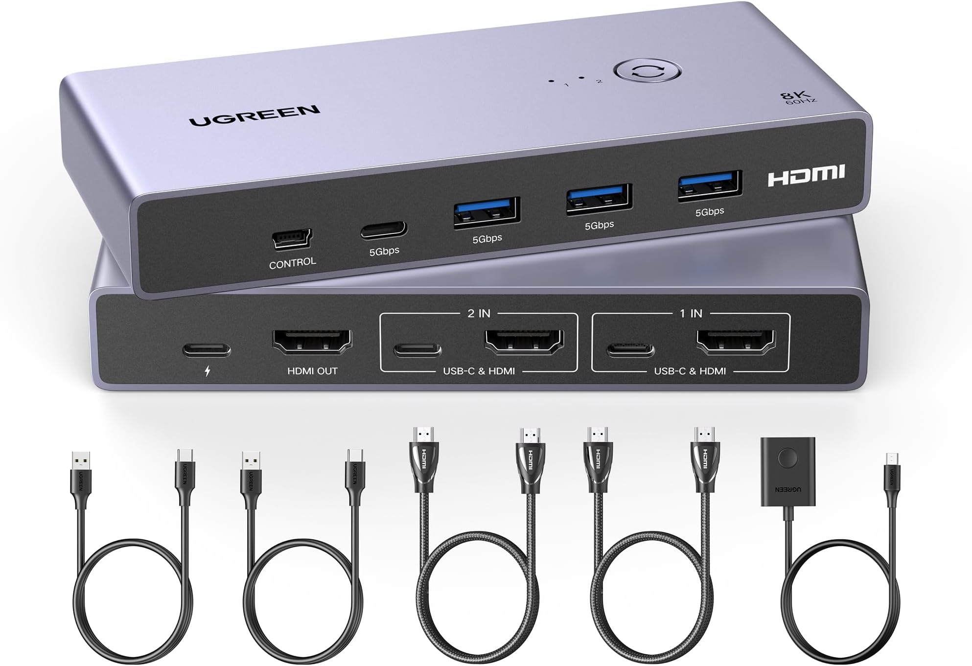 UGREEN 8K@60Hz HDMI KVM切替器 2入力1出力 PC2台をUSB 3.0ポートx3 ＆ USb-Cポートx1 とモニター1台共有 KVMスイッチ 3D/CEC/HDRに対応 手元スイッチ & USBケーブル2本 & HDMIケーブル2本付き