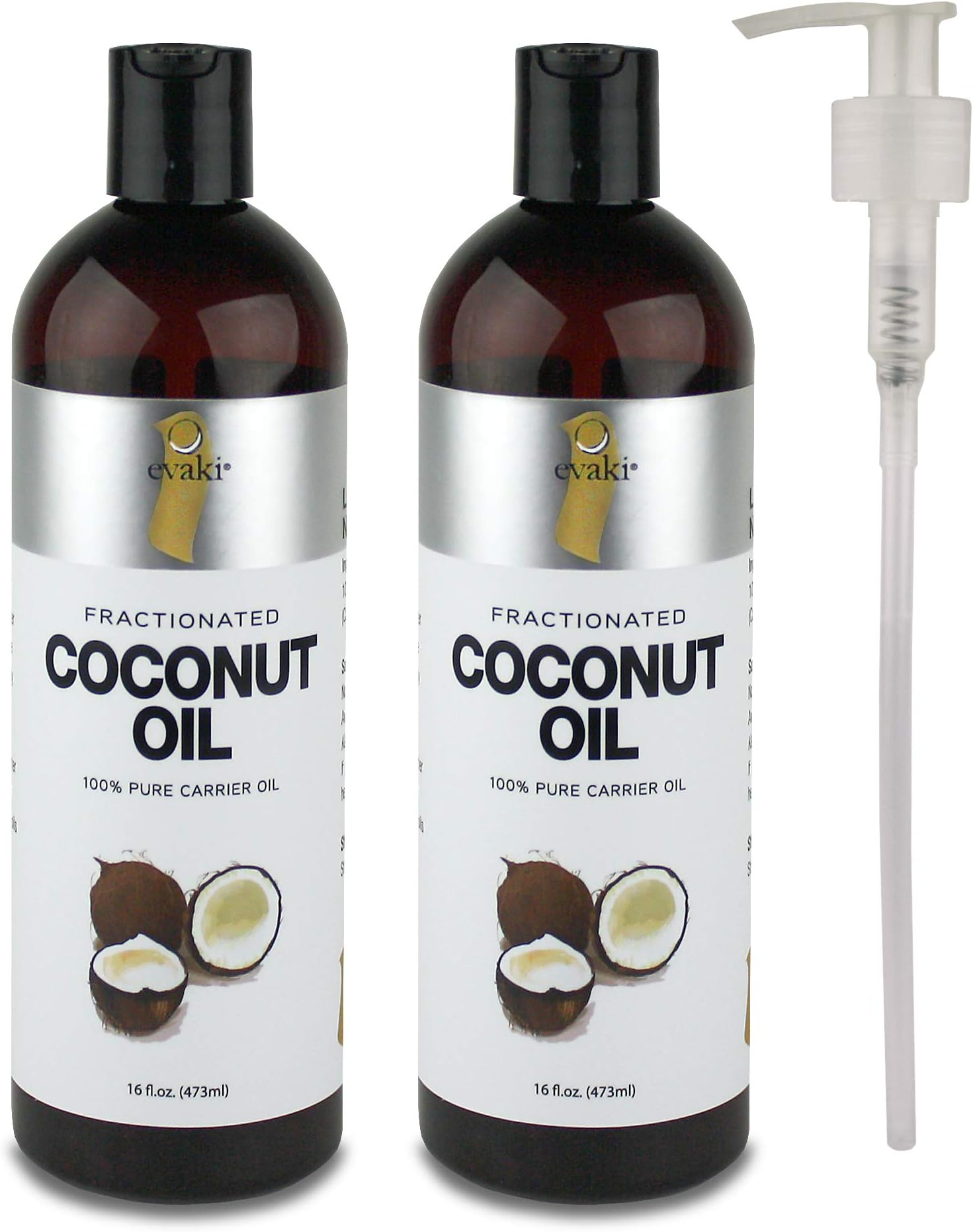 2-PACK Evaki 16oz Fractionated Coconut Oil + Hand Pump + Dispensing Cap— Bottled in the USA; A Must Have for Skin & Hair Care, Massage Therapy and Aromatherapy (32 Total Ounces!)
