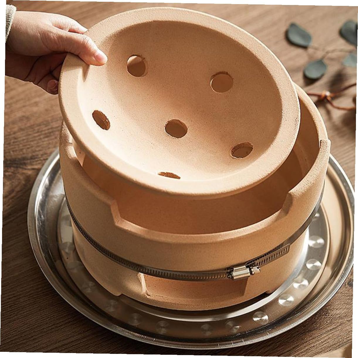 Charcoal Bbq Stove and Stainless Steel Grilling Tray Set for Indoor Outdoor Use, Medium Pottery Base with Large Charcoal Grill, Portable Barbecue Tool for Camping Backyard Cooking