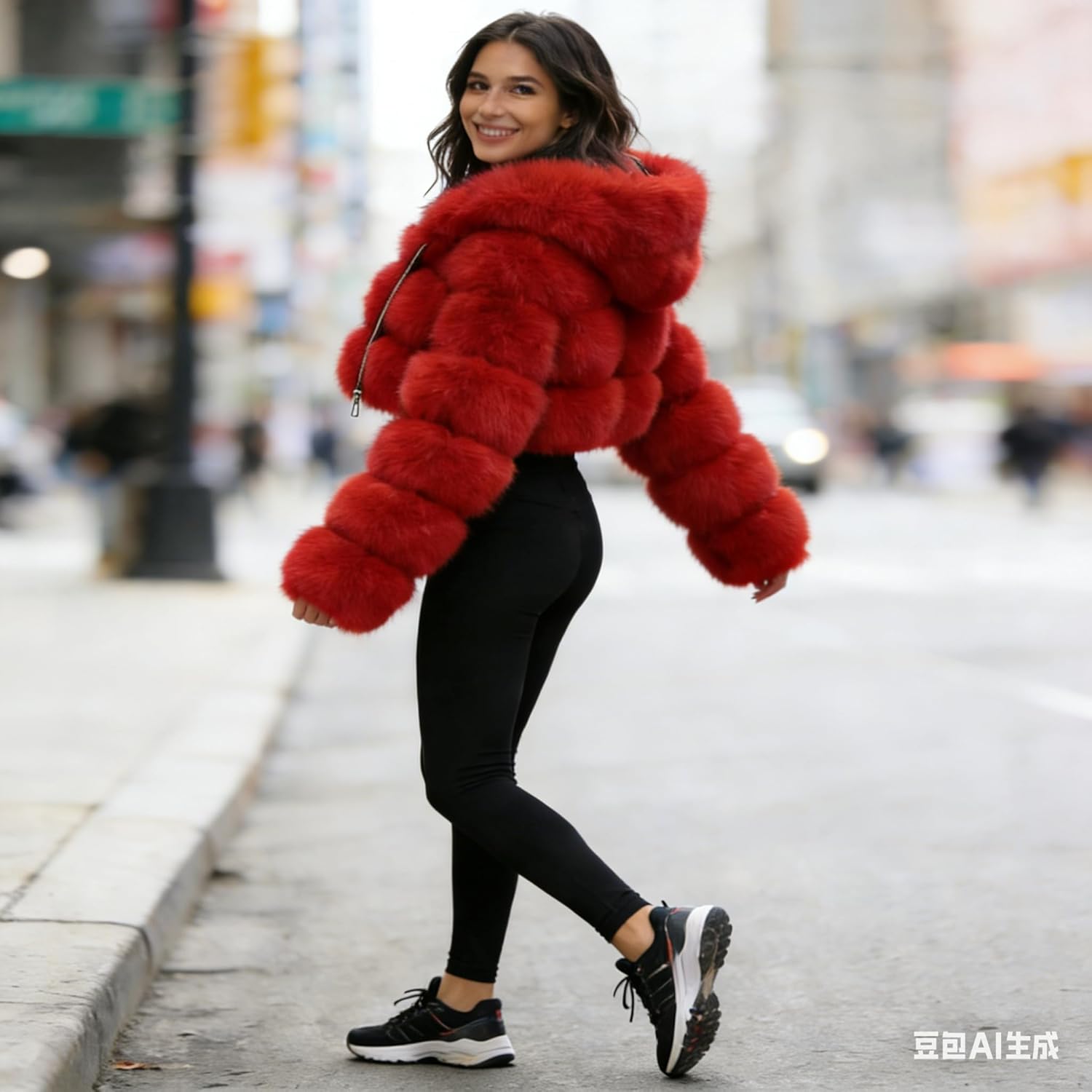 Women Short Faux Hooded Warm Furry Splicing Jacket Long Sleeve Outerwear - Image 2