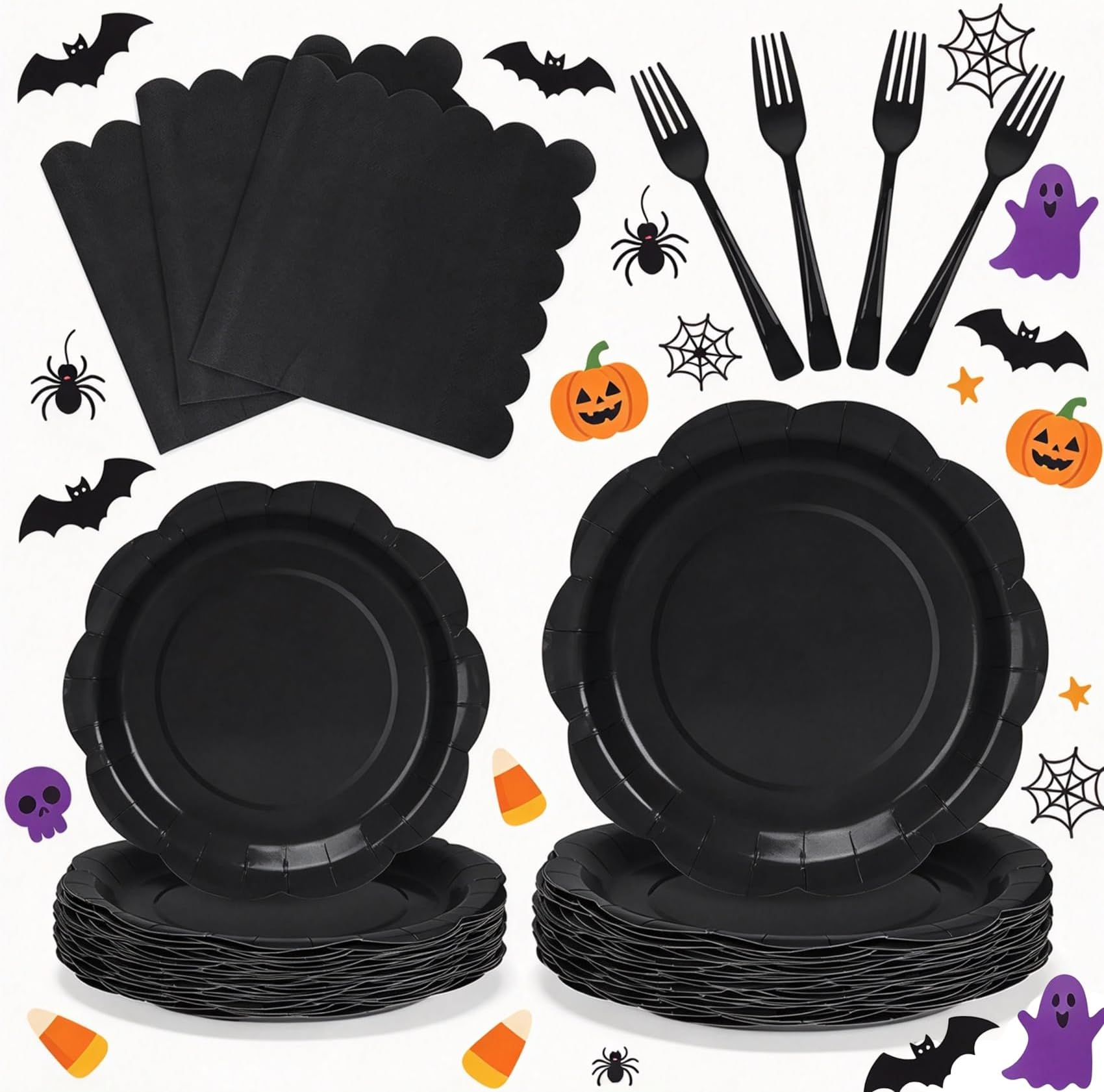 100Pcs Black Plates and Napkins Party Supplies,25 Guests Disposable Black Scalloped 9inch Plates,7inch Dessert Plates and Napkins and Forks Tableware for Birthday,Picnic,New Year,Formal Parties