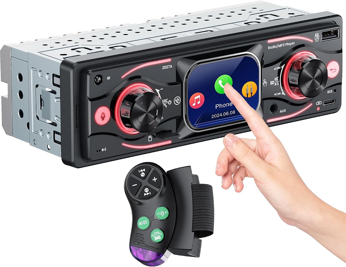 Estéreo para coche DIN único con pantalla táctil, audio Bluetooth, receptor de radio para coche, doble entrada MP3/USB/SD/aux, carga rápida, llamadas manos libres, control remoto