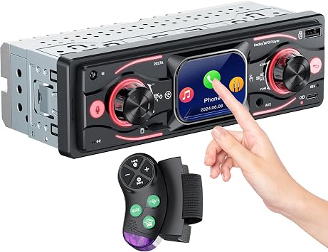 Single DIN Car Stereo with Touchscreen, Bluetooth Audio, Car Radio Receiver, Dual MP3/USB/SD/AUX Input, Fast Charging, Hands-Free Calling, Remote Control