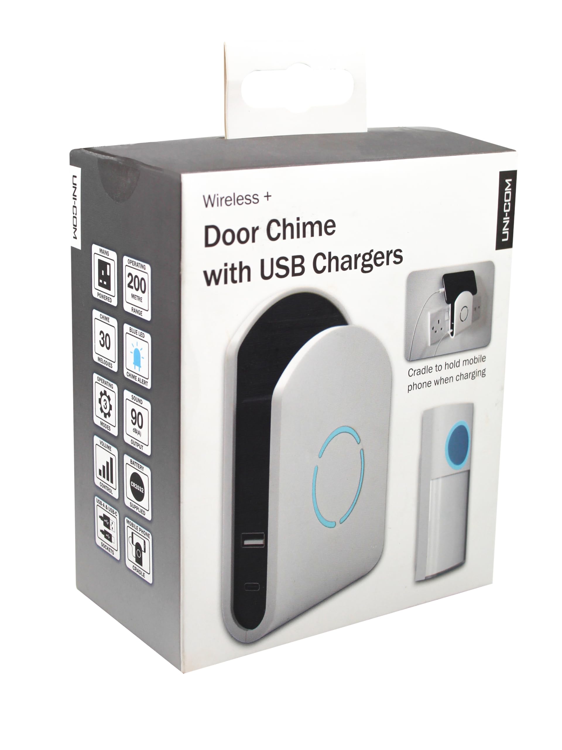 Uni-Com Campanello wireless plug-in con caricatore USB-A e USB-C integrato, portata di funzionamento 200 m, 30 diversi suonerie, allarme campanello a LED, facile da installare