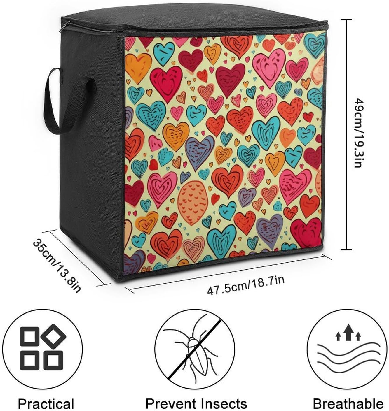 Colorful Heart Pattern Storage Bags Closet Organizer Clothes Storage Bin Blanket Storage Bag with Zipper And Handle Clothes Storage Containers for Clothing, Sweater, Comforter, Bedding