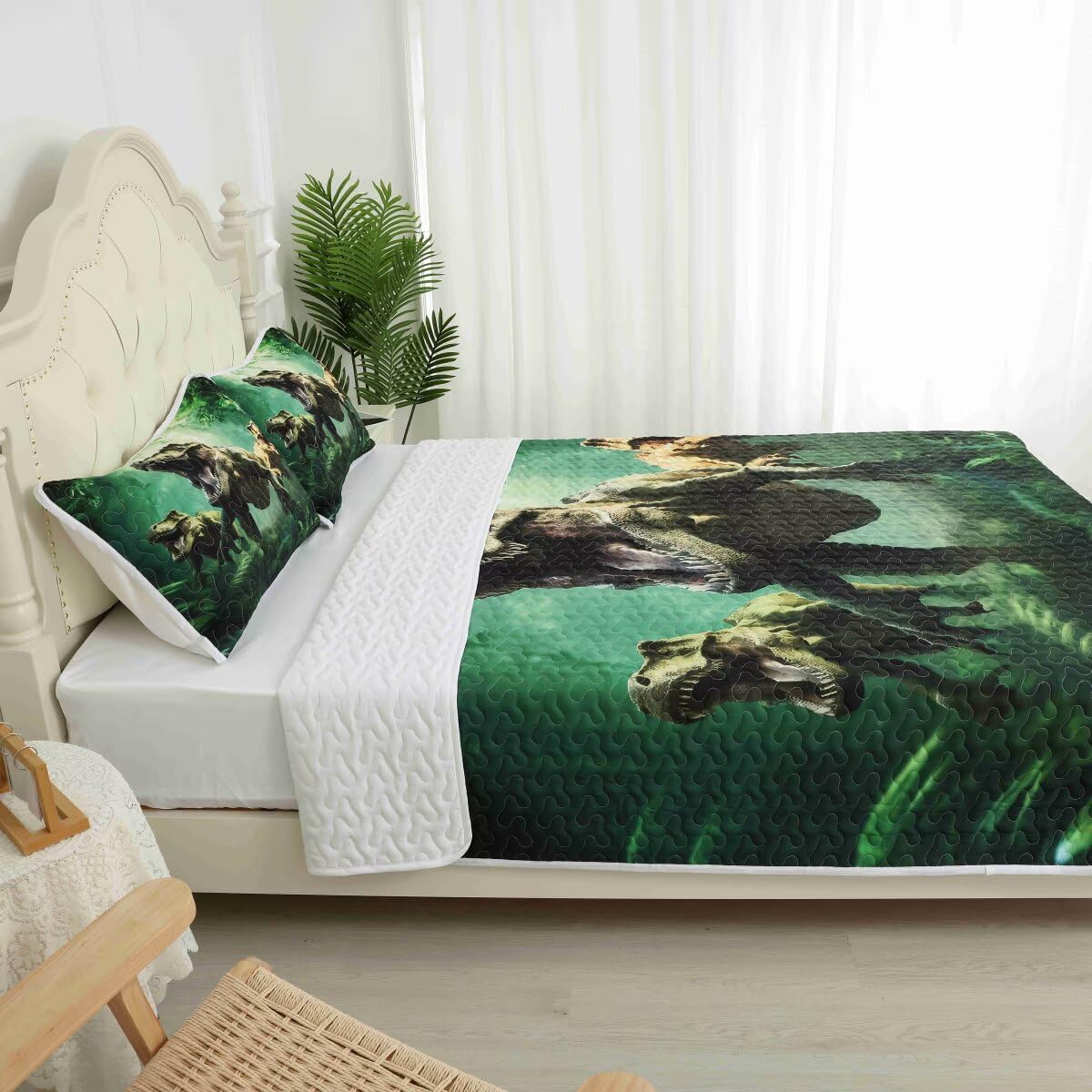 3D Dinosaur Quilt Set Twin for Kids, Green Dino Bedding Set, Lightweight Boys Bed Set Reversible Bedspread Set with 1 Qulit and 1 Pillowcase - Image 3