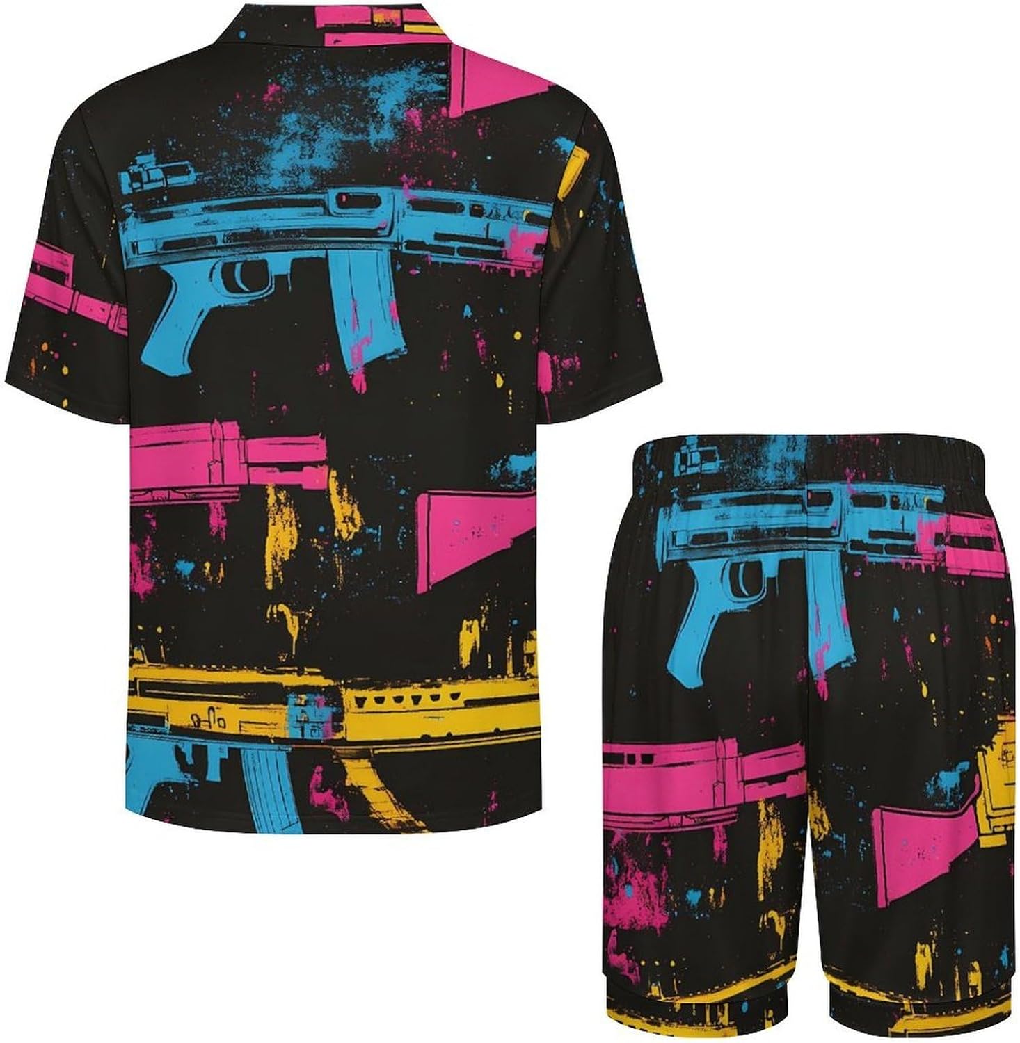 Artistic Splatter Machine Guns Men's Short Sleeve Pajama Set Satin Silk Like Lounge Sleepwear