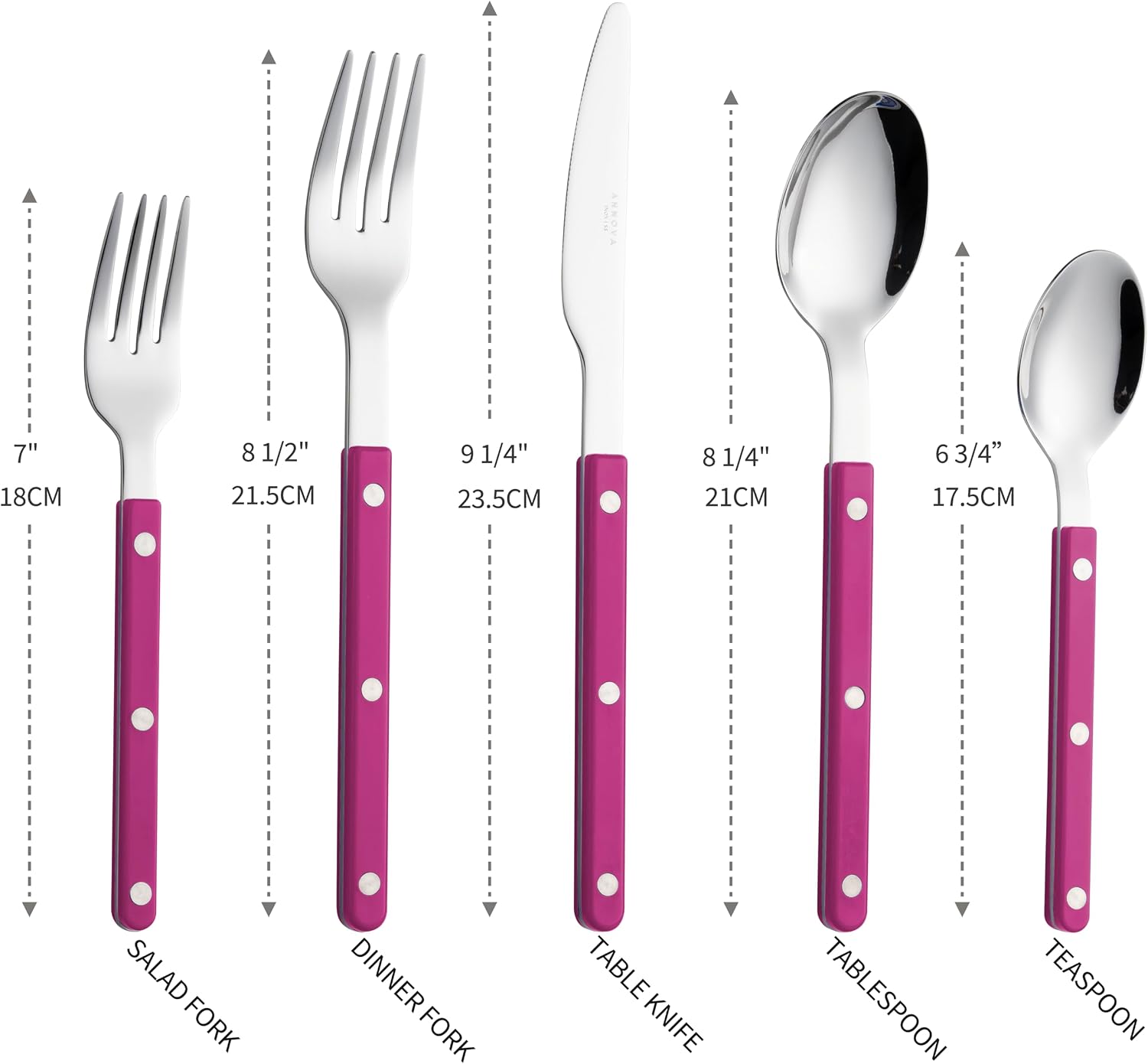 ANNOVA Silverware Set, Retro/Rivet Colorful Stainless Steel Tableware Kitchen Flatware Set Utensils, Includes Dinner Knives, Forks, Spoons, Salad Forks & Dessert Spoons (Pink, 10 Pieces) image 2