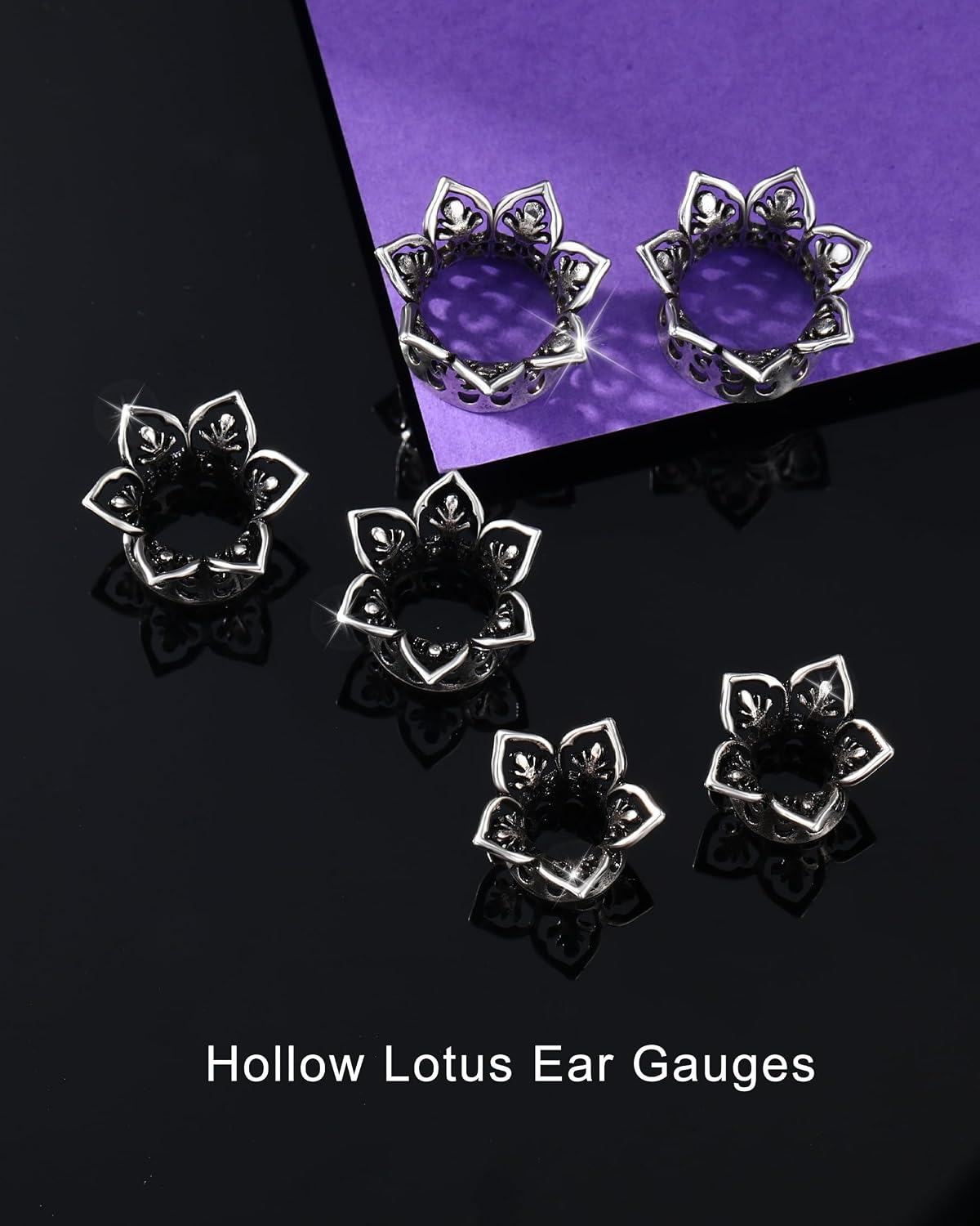 Jewseen 2PCS Stainless Steel Tunnels, Hollow Lotus Gauges for Ears, Stainless Steel Tunnels Flared Shape Earring Plugs Gauges, Push Back Piercing Expander Stretchers 8mm to 12mm