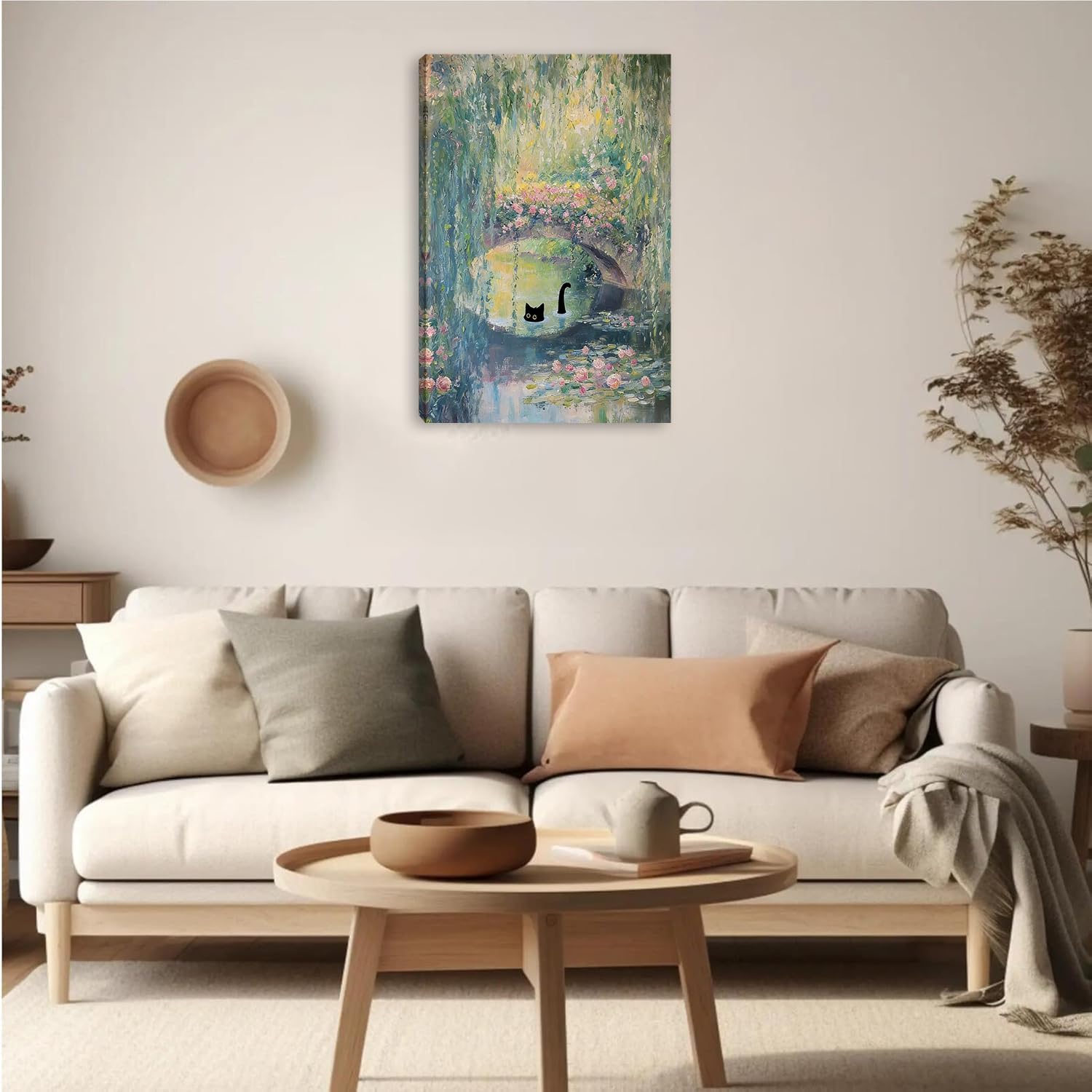 Vintage Monet Canvas Wall Art, Black Cat Under the Garden Bridge Landscape Wall Decor Paintings,Water Lilies Monet Country Nature Pictures for Wall Living Room Bedroom Bathroom Home Decoration 16x24 inch( Stretched Canvas on A Wooden Frame)