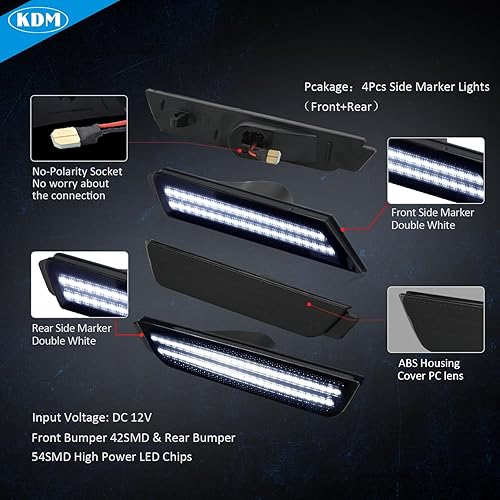 Miniatura 4 de KDM Reflectores LED de lente ahumada para parachoques lateral, luces de doble fila, color blanco brillante, apto para Chevy Chevrolet Camaro 2010,