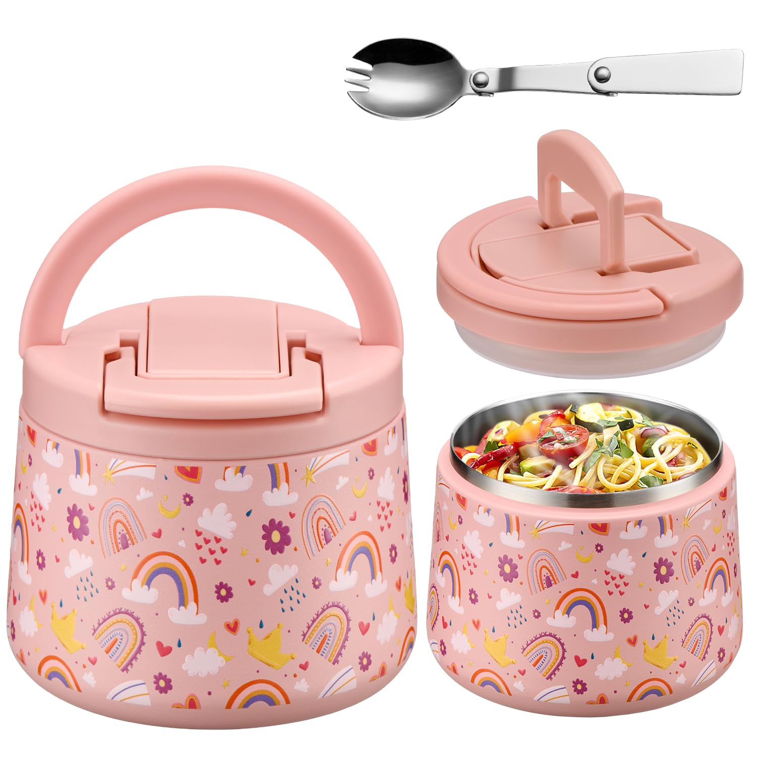 Itslife Termo para Comida 420ml, Recipiente Térmico para Comida con Cuchara, Acero Inoxidable Fiambrera Termica Infantil y Adultos, Contenedor Térmico para Picnic, Escuela y Oficina, Arco iris