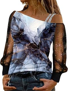 Womens Long Sleeve Tops UK, Women Casual Glitter Print Mesh Long Sleeve Off Shoulder Loose Patchwork Top Blouse Plain Loose Women's Long Sleeve Tops Sales Valentine's Day Essentials