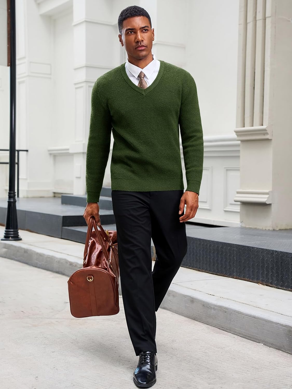 Runcati Mens V Neck Sweater Casual Waffle Knitted Pullover Slim Fit Fall Winter Basic Warm Sweaters - Image 5