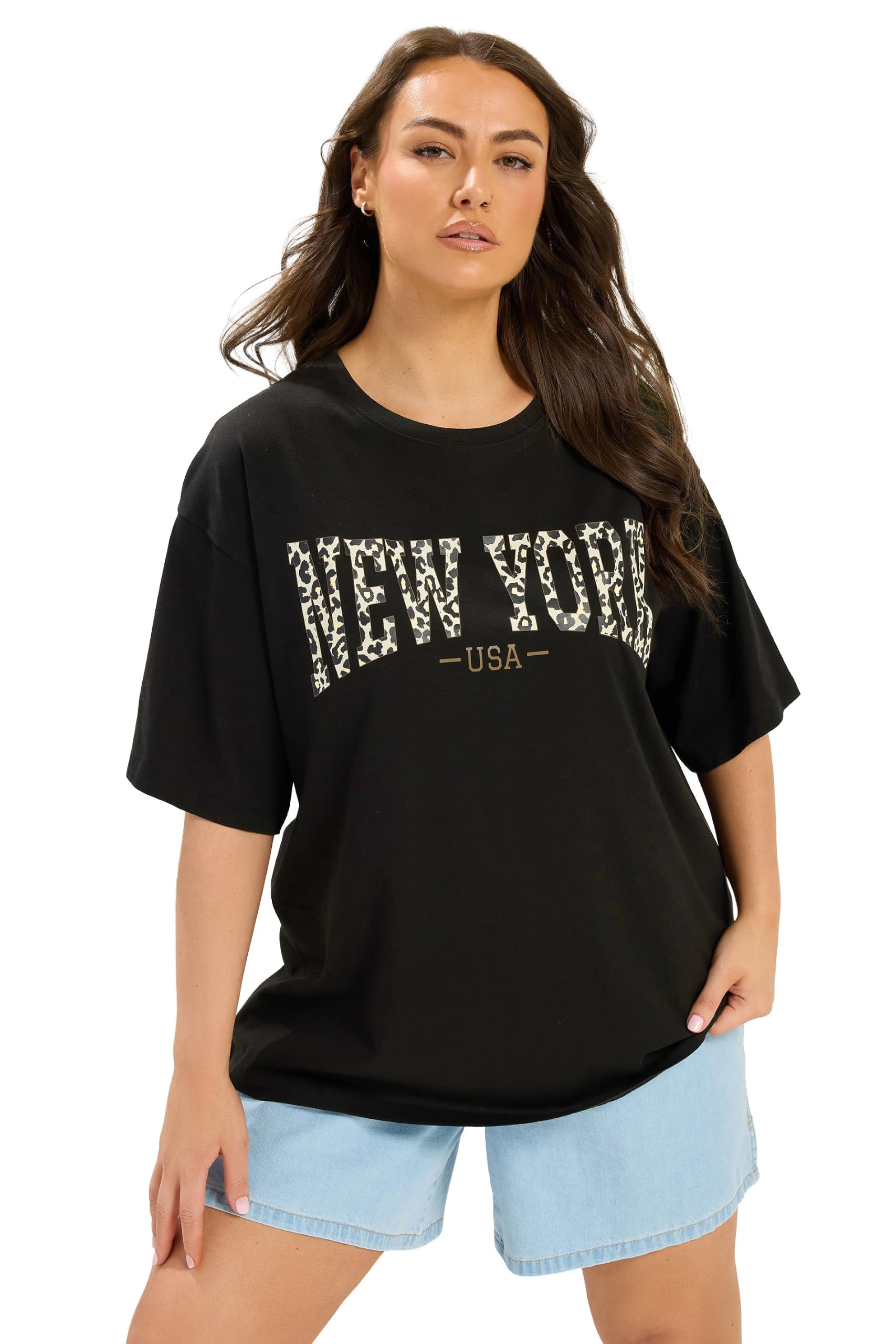 Yours Women's Black 'New York' Leopard T-Shirt In Size 22-24