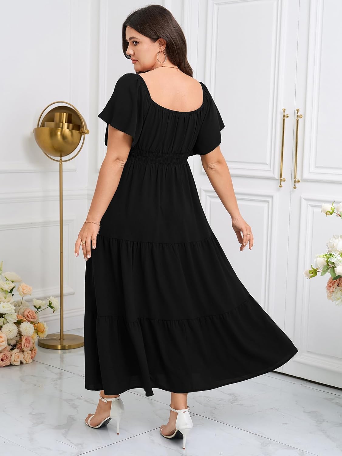 SCOMCHIC Womens Plus Size Maxi Dress Formal Short Sleeve Square Neck Smocked Side Split Flowy A Line Tiered Long Dress - Image 6