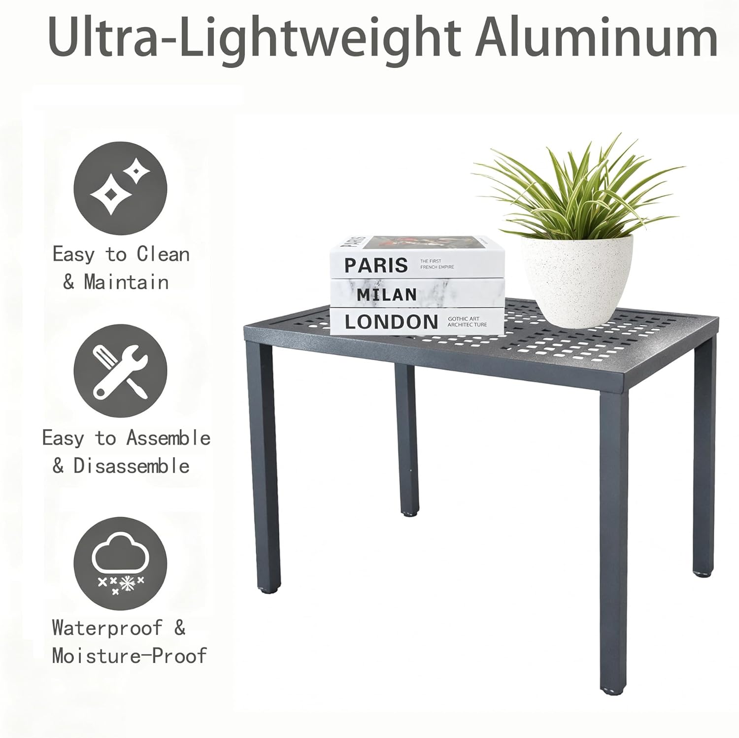 Heavy-Duty Square Aluminum Side Table - Outdoor Coffee Table with Powder-Coated Rustproof Frame, Sturdy Patio Furniture for Garden, Deck, Pool Area (Black, 21.6" D x 15" W x 15" H)