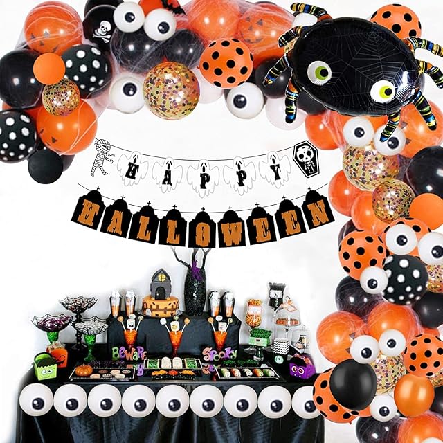 Halloween Balloons Arch Garland Kit, 138pcs Halloween Party Decoration, Happy Halloween banner, Spider Web Confetti Orange Black Giant Spider Balloon and Tying Tool, Decoration for Halloween Day Party