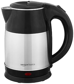 Amazon Basics Electric Kettle 1400 Watts 1.8 litres with Auto-Shut Off | Stainless Steel Inner Body with Cool-Touch Handle and lid | Swivel-Base, Power Indicator (Black and Silver) - image, photos