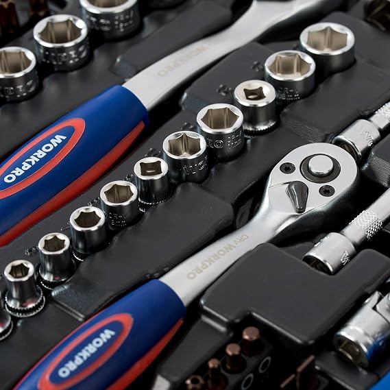 WORKPRO Socket Wrench Set, Garage Tool Set, Drive Angle: 6.35 mm 1/4 in, 9.5 mm 3/8 in, 12.7 mm 1/2 in, 172-Piece Set, Ratchet Wrench, Automotive Repair, Car Maintenance, Work Set, Tools, Tool