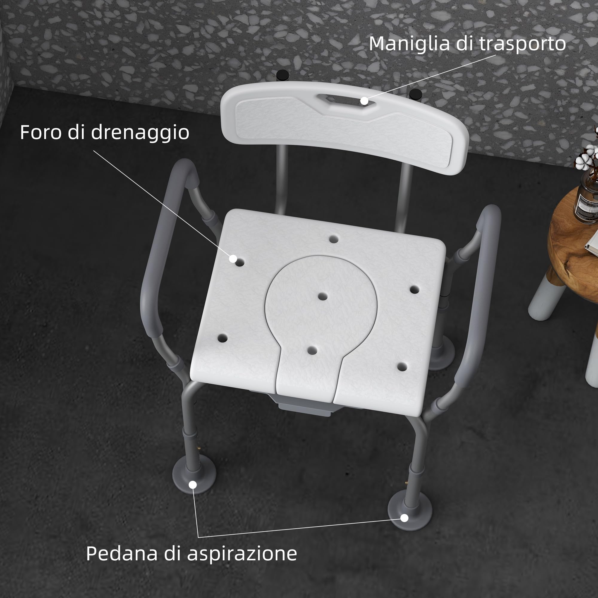HOMCOM Sedia da Doccia 3 in 1 con Schienale e Braccioli, Sedia Comoda e Sedia WC con Altezza Regolabile e Piedini Antiscivolo, Bianco