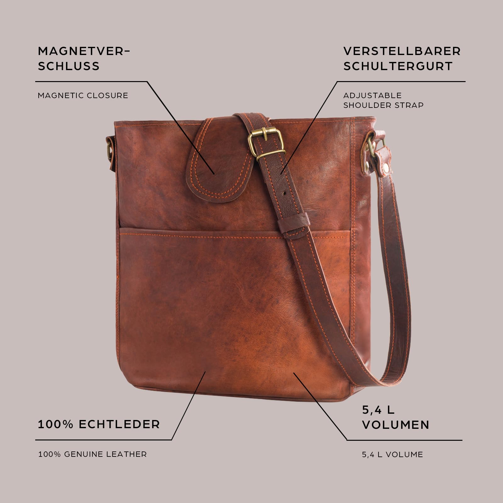 LEABAGS Nicola bolso de mujer de cuero genuino en look vintage I bolso de hombro I bolso de cuero I bolso bandolera