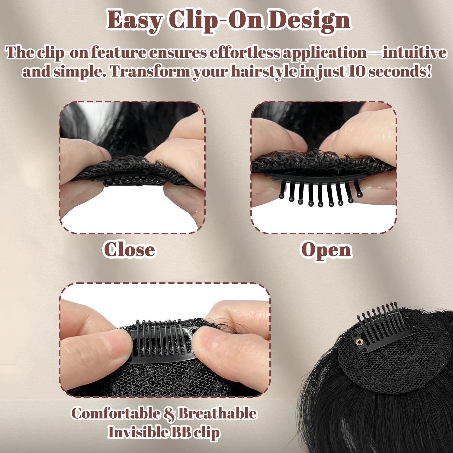 100% Real Human Hair Clip in Bangs for Women - Natural Look Fringe Hairpiece with Temples, Wispy or Curved Bangs Options(Natural Black) - Image 4