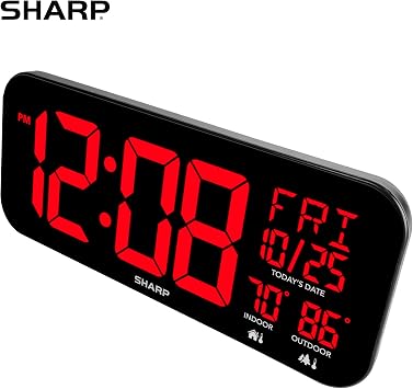 Sharp Jumbo 4'' LED Wall Clock with Indoor/Outdoor Temperature and Calendar Display, 5-7/8H x 1 W x 14 D, Black