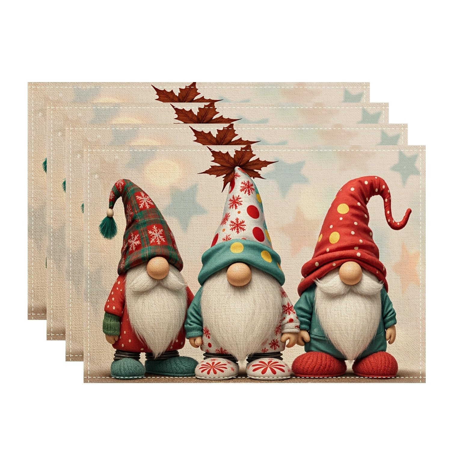Christmas Gnome Placemats, Colorful Fanciful Holiday Place Mats for Dining Table, Festive Non-Slip Washable Indoor Outdoor Kitchen Party Decorative Placemat Set of 4