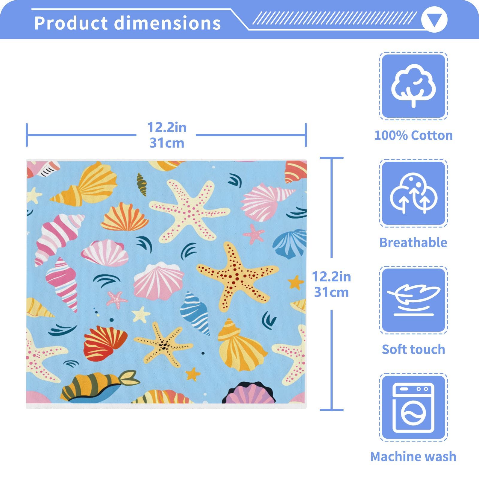 ALAZA Wash Cloth Set 100% Cotton Fingertip Towels Face Cloths Sets Hand Drawn Sea Shells Highly Absorbent Soft Feel Set of 2