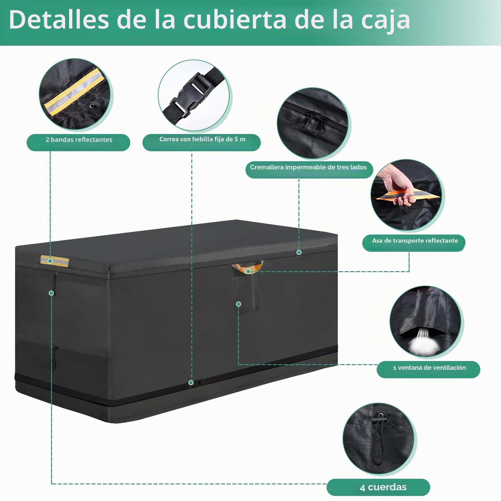 Funda para maletero de jardín con cremallera impermeable, funda para maletero de almacenamiento exterior 600D Oxford con 3 tiras reflectantes 5.2m de correa con hebilla cortavientos (160x 75x 70cm)