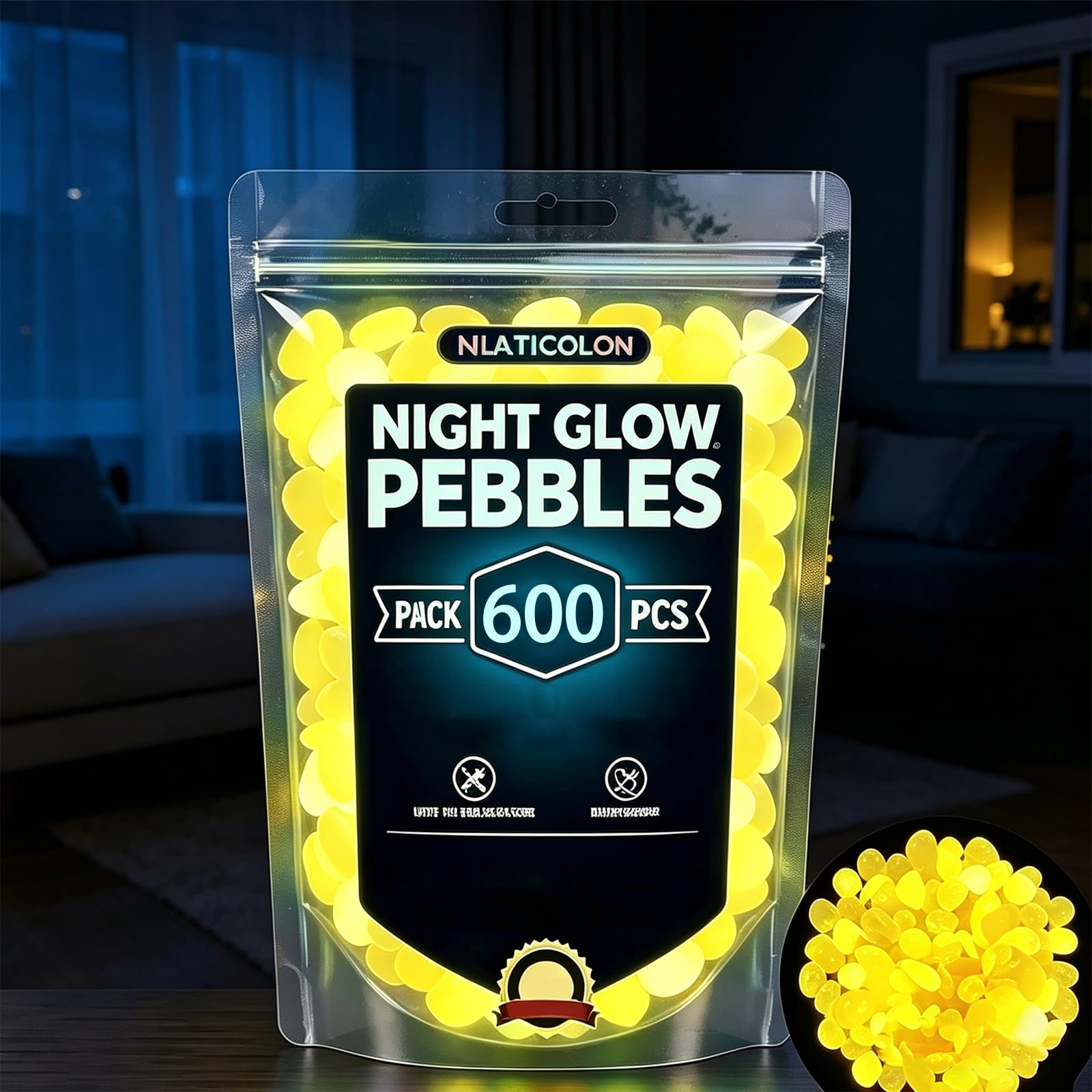 2026 Colorful Glow-in-the-Dark Garden Stones, Night Guide Luminous Pebbles, Rainbow Glow in the Dark Stepping Pebbles, Outdoor Landscaping Decor Glowing Stones (Yellow, 600pcs)