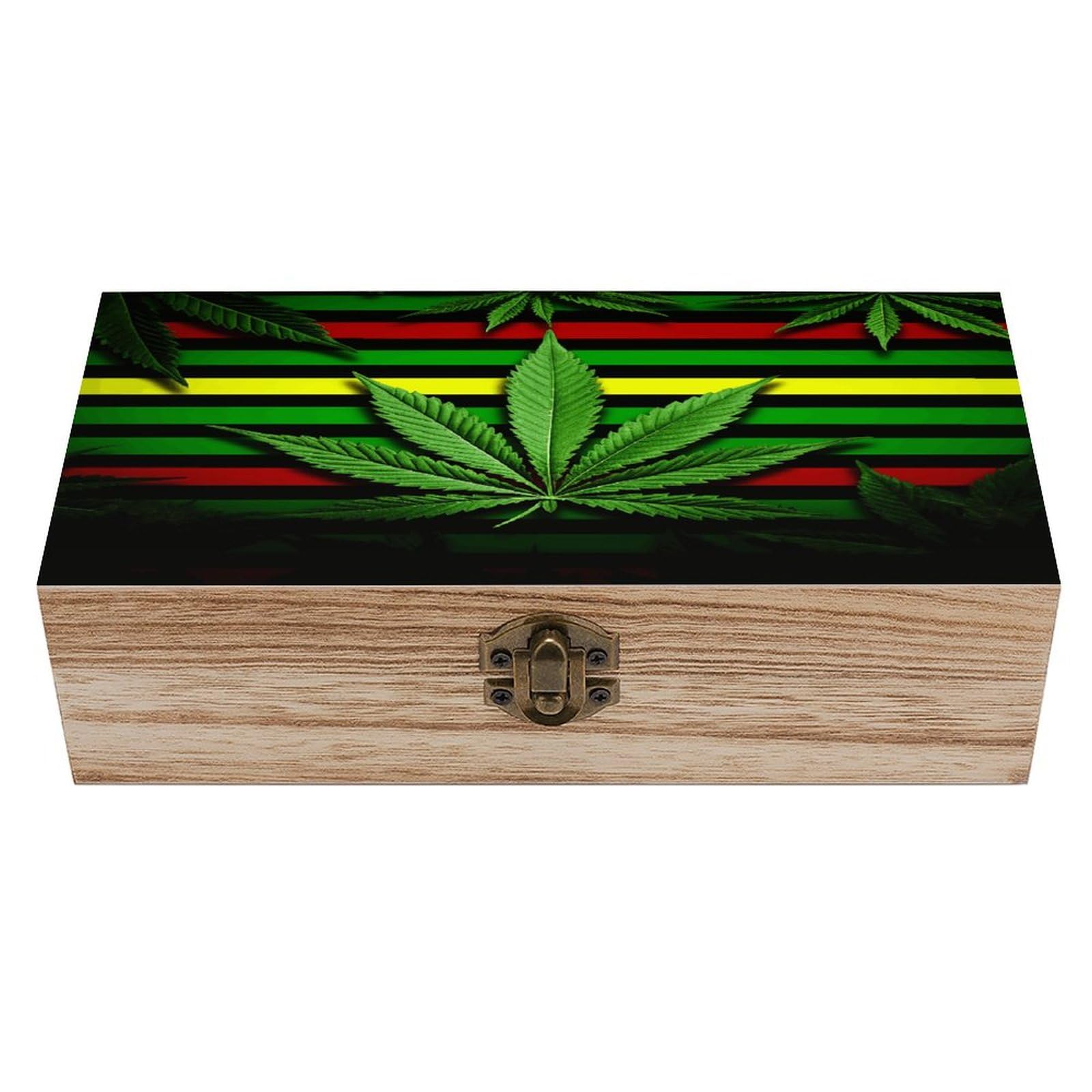 WYUSPGK Rustic Wooden Storage Box, Weed Striped Print Jewelry Box, Office Desk Organizer, 7.9 x 3.7 x 2.3 Inches