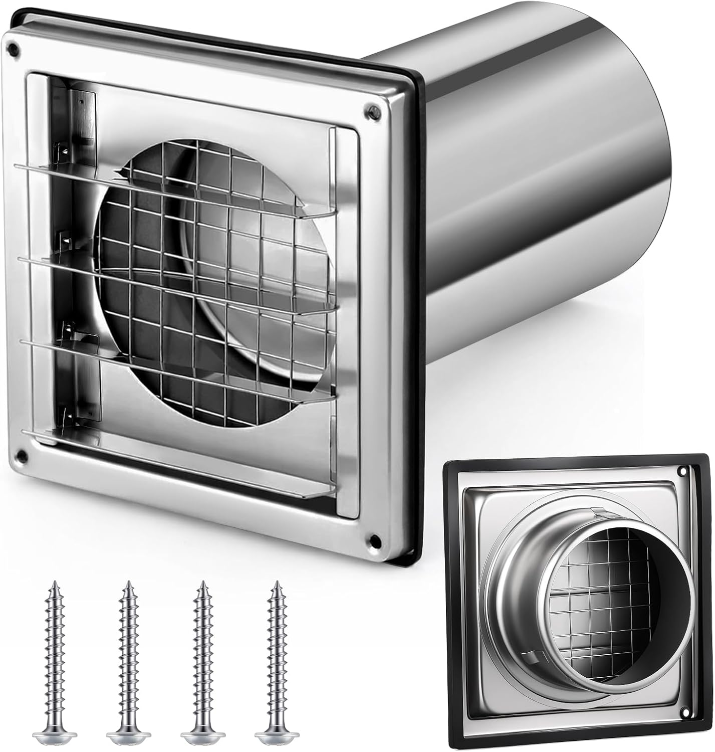 4 Inch Wall Vent Cover Stainless Steel Outside Dryer Vent Covers, Built-in Mesh, with 8-inch Removable Extension Tube and 4 Screws, for Home Exhaust Duct Kit