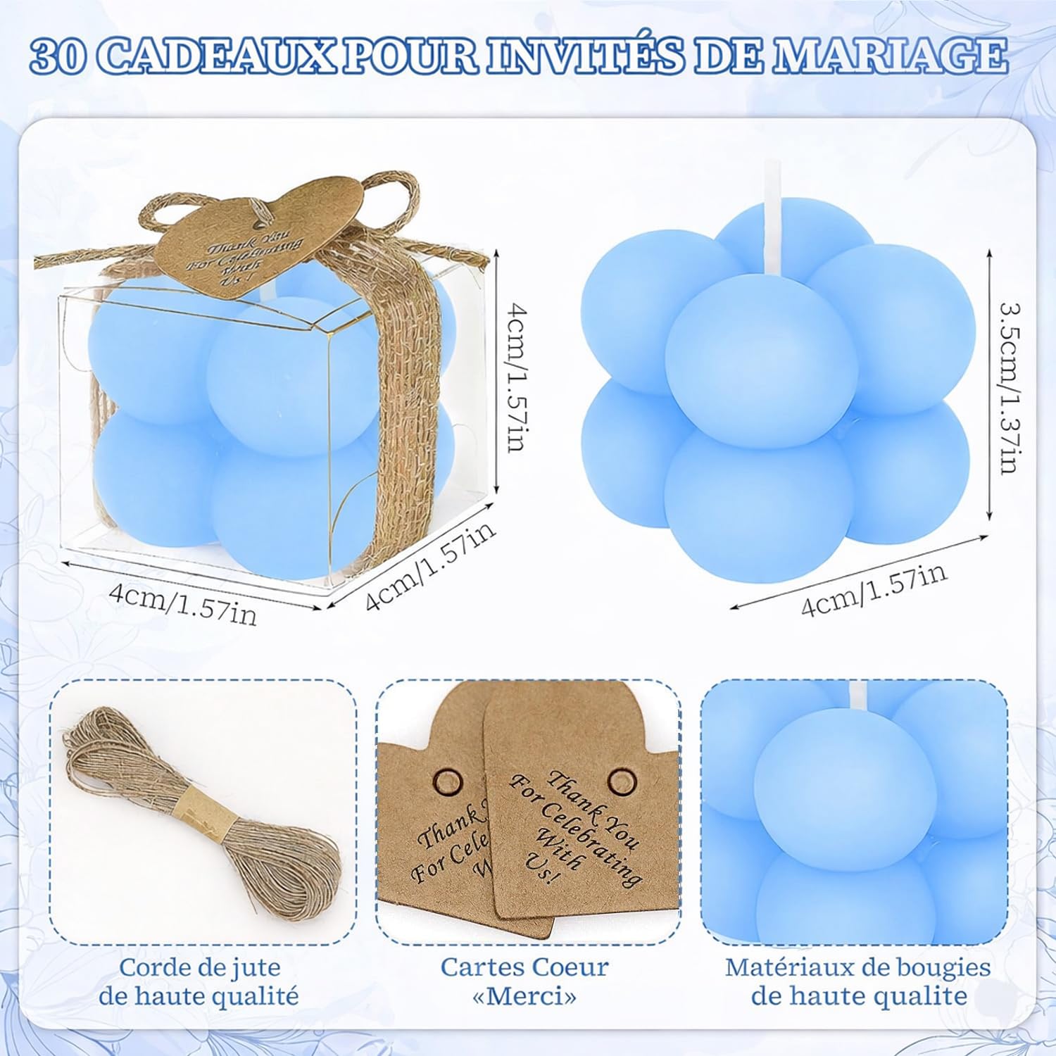 Lot de 30 Bougies Bulles Bleues avec Boîtes Cadeaux, Cartes de Remerciement et Ficelle de Jute - Mini Bougies Décoratives Cube pour Cadeau d'Invités Mariage, Baptême, Baby Shower Garçon - 4x3,5 cm