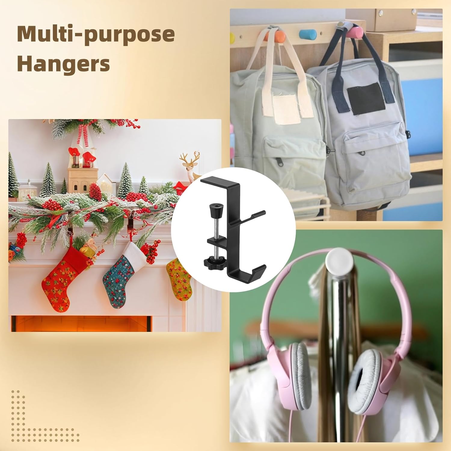 Set of 6 Adjustable Christmas Mantle Hangers, 2-in-1 Garland and Stocking Hooks with Anti-Slip Silicone Pads, No Drill Fireplace Hooks for Holiday Décor,