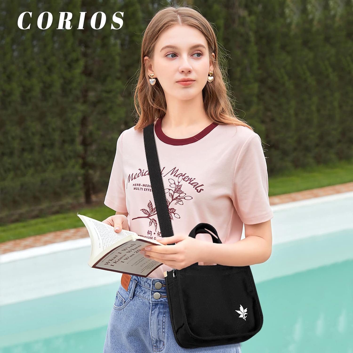 CORIOS Women Handbag Shoulder Bag Canvas Crossbody Bag Casual Messenger Bag Multifunctional Top Handle Bag Satchel Bag for Travel Shopping Work Party Office Black A