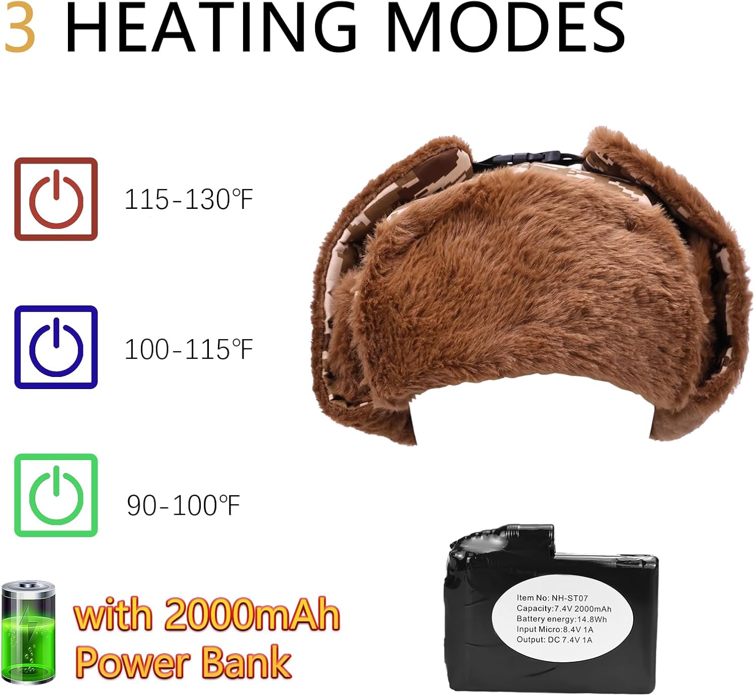 Heated Trapper Hat for Women Men. 25 Inch Winter Electric Circulation Heated Hat with 2000mAh Rechargeable Battery - Image 4