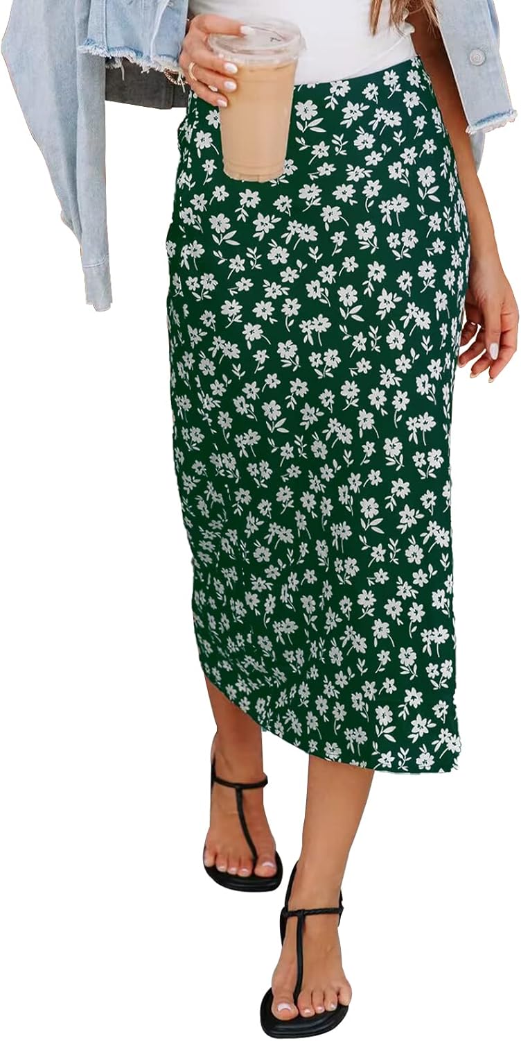 Women’s Floral Print Midi Skirt Casual High Elastic Waist Zipper Vintage Long Boho Skirts for Women