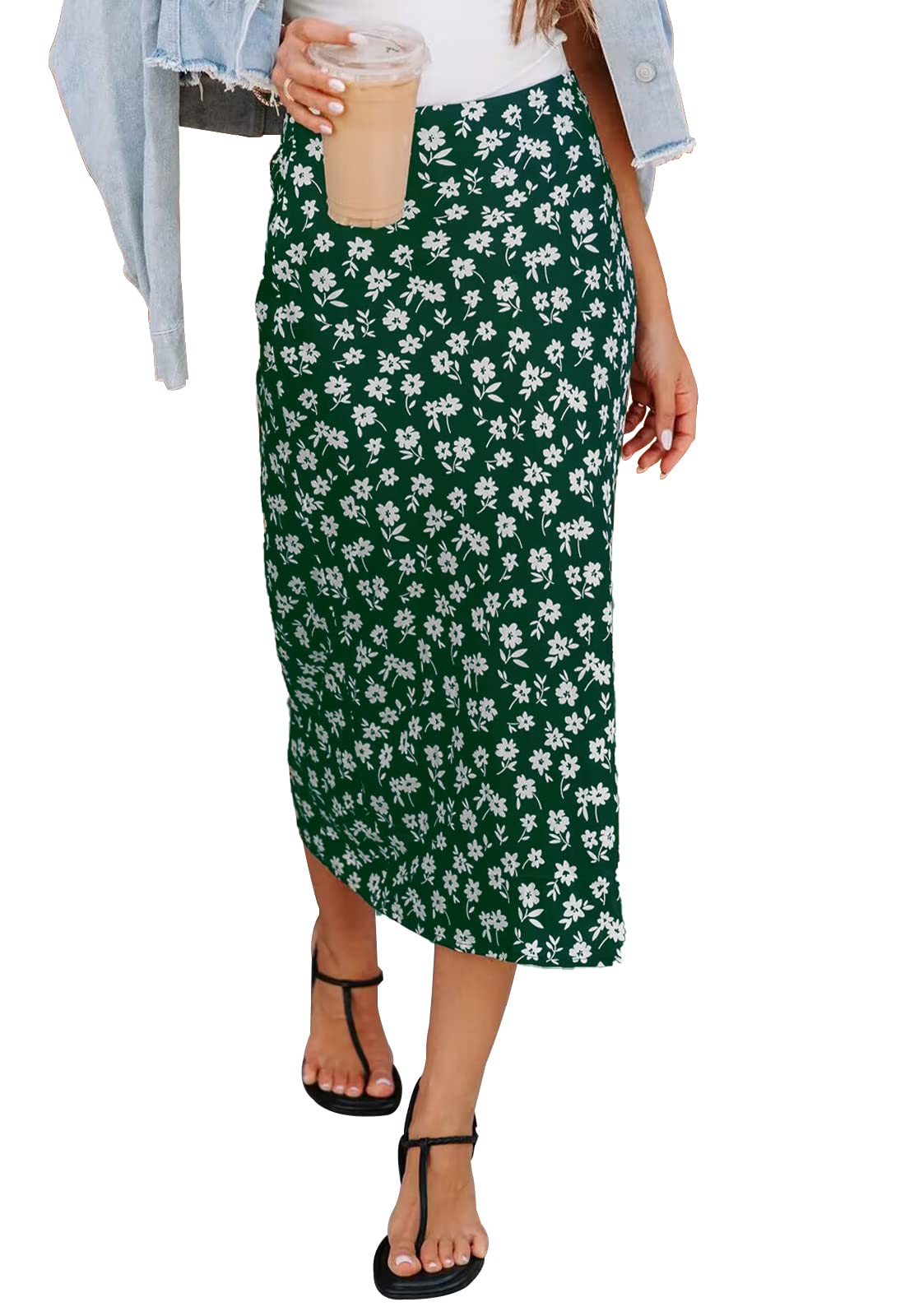 Herbatomiawomens Floral Print Midi Skirt Casual High Elastic Waist