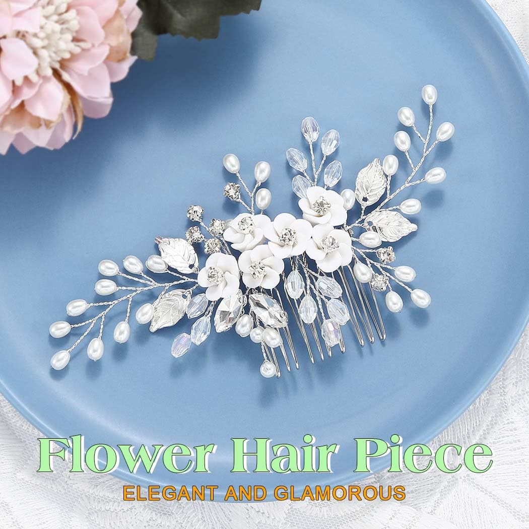 JEAIRTS Flower Bride Weddding Hair Comb Silver Pearl Crystal Bridal Hair Accessories for Women