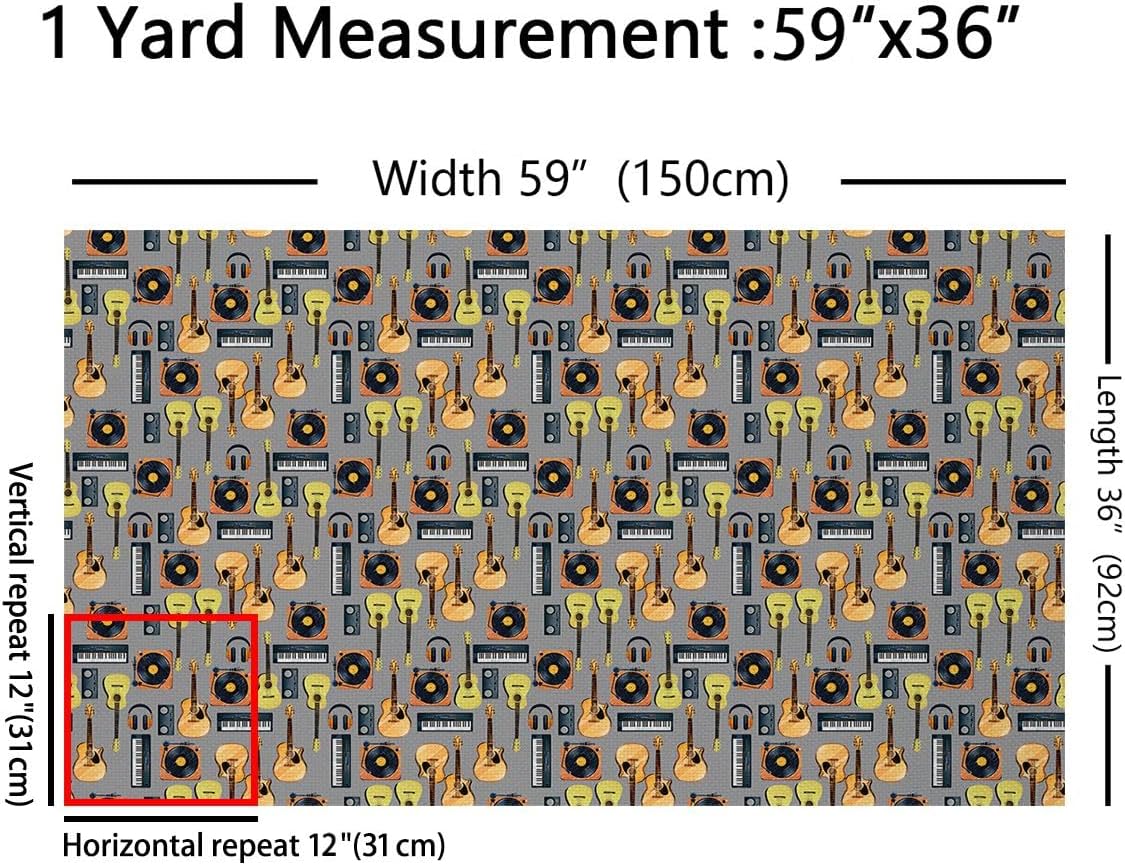Music Fabric by The Yard - Musical Instruments Upholstery, Guitar Record Decorative, Headphones Speaker Indoor Outdoor, Hippie DIY Art Waterproof, Yellow Black, 5 Yards