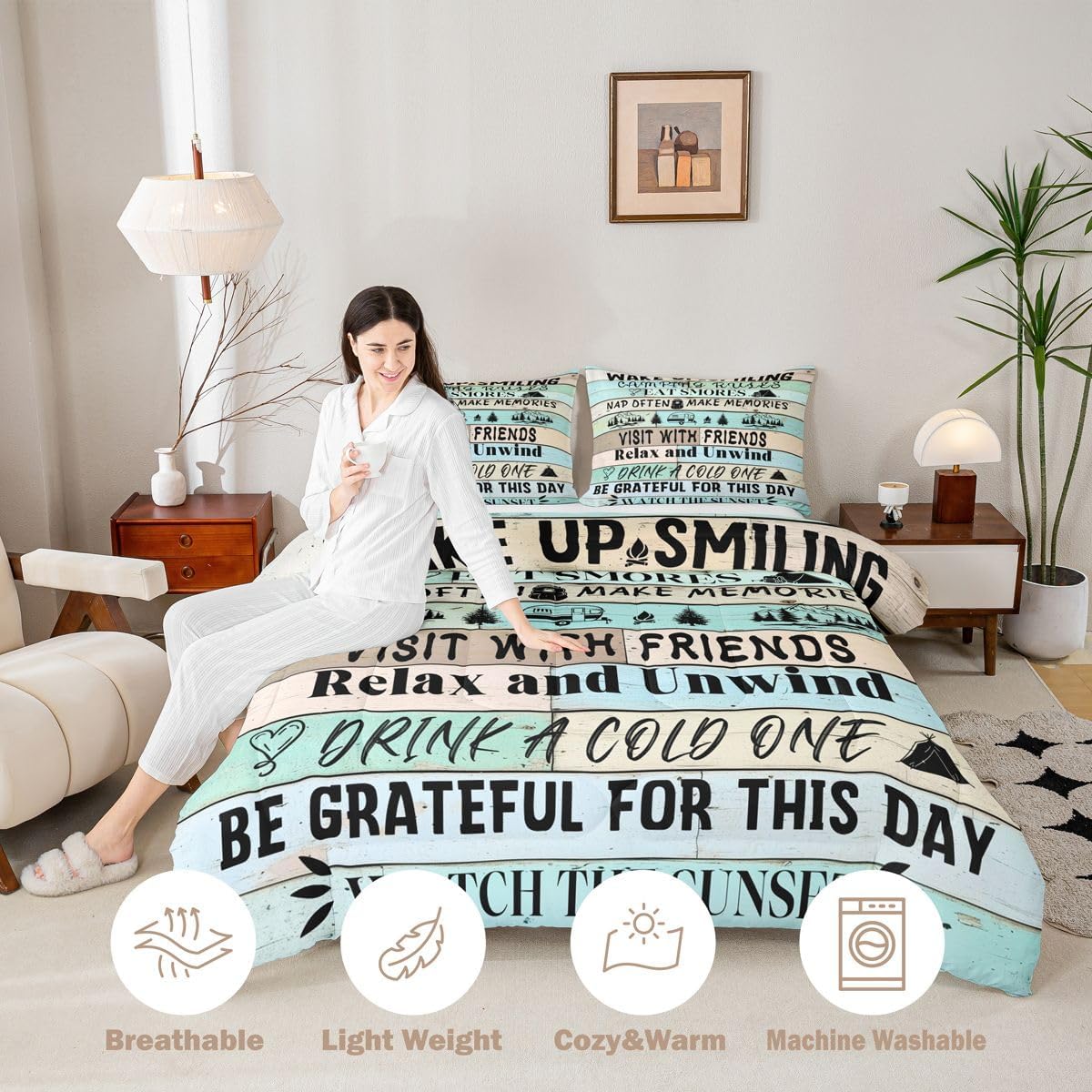 Erosebridal Camping Rules Comforter Set Queen Size, Camper Decor Bedding Set for Travel Trailers, Rustic Farmhouse Bedding Comforter Sets Vintage Wooden Plank Duvet Insert with 2 Pillow Cases