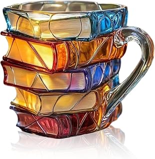 Painted Book Mug Novelty Coffee Mugs, 3D Handcrafted Painted Book Mug, 11 Oz Novelty Stained Glass Stacked Books Coffee Cup, for Readers Librarians Literature Lovers