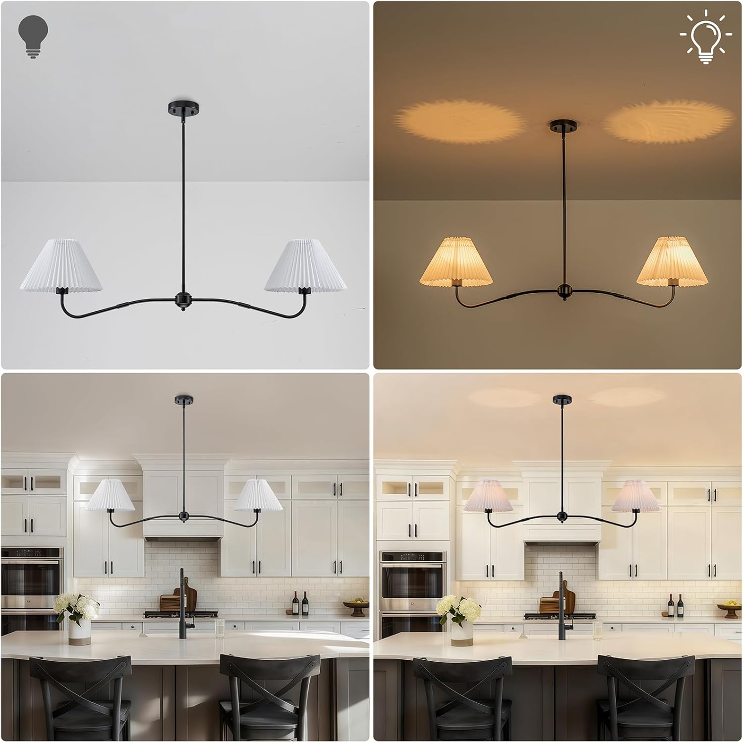 47’’ Modern Linear Chandelier for Dining Room, 2-Light Black Farmhouse Pendant lights kitchen island with White Fabric Shades, Island Lighting Fixture for Restaurant Kitchen Over Table, E26 Base