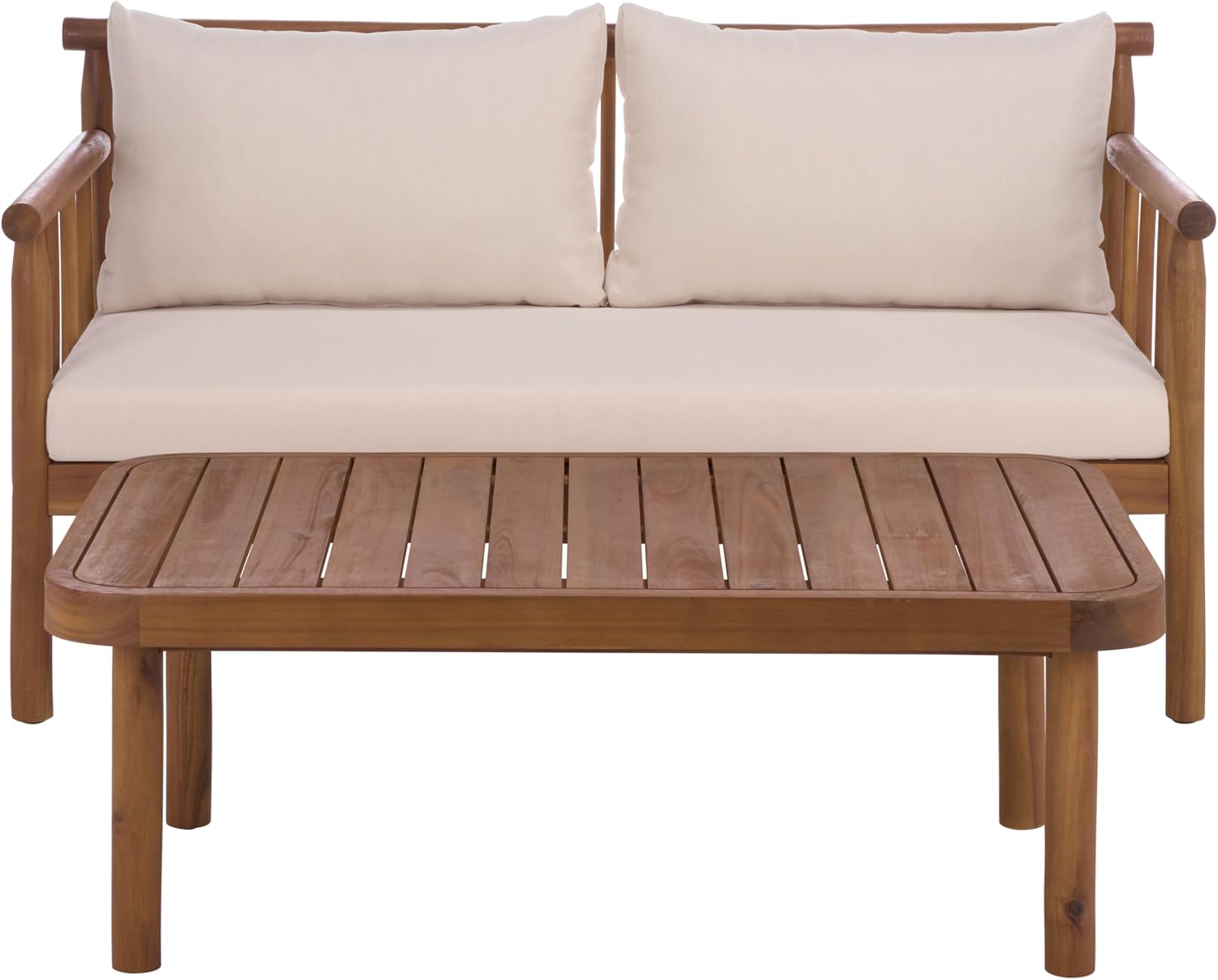 SAFAVIEH Outdoor Patio Furniture Collection - Cardori Teak & Cream Solid Wood Bench with Cushions and Coffee Table Set, 2-Piece Patio Seating Ensemble (PAT6808A)