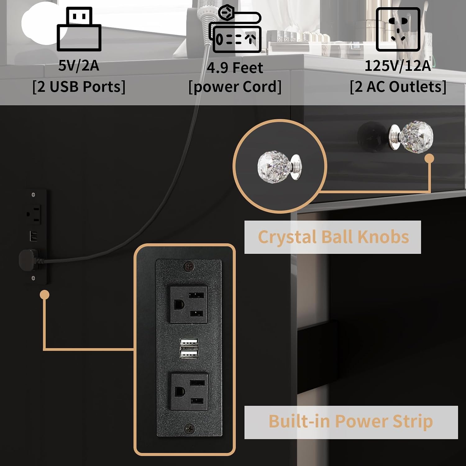 Close-up of VOWNER Vanity's Built-in Power Strip with AC outlets and USB ports