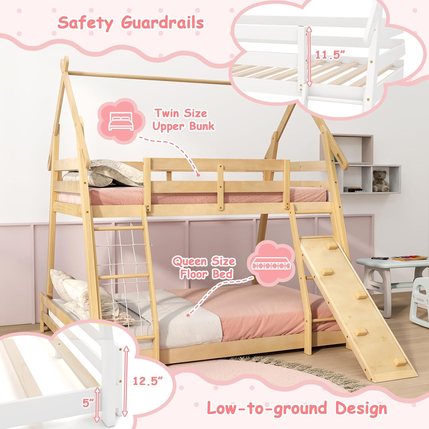 Diagram showing the sturdy wooden frame construction of the KOMFOTT bunk bed, highlighting solid pine wood, 14+7 plywood slats, and extra supporting feet.