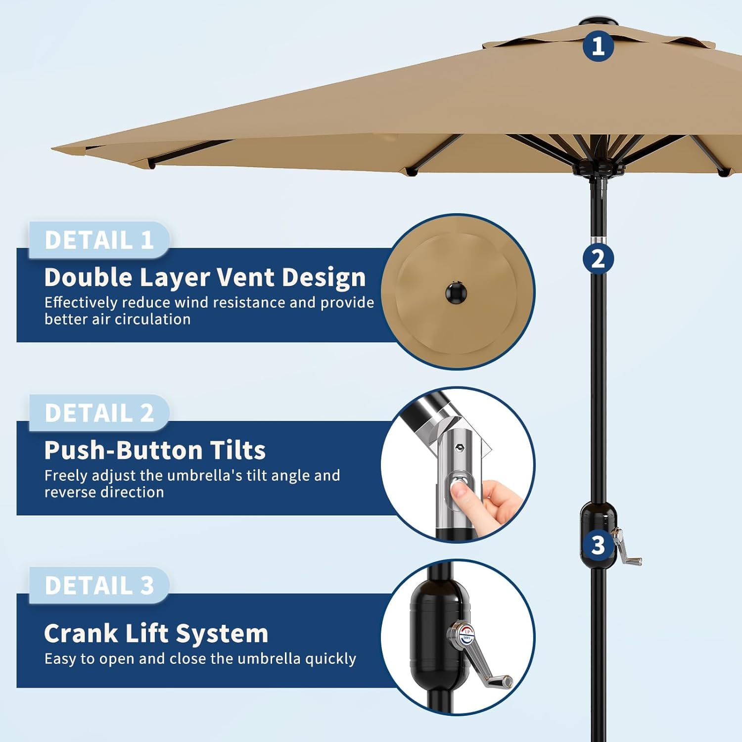 Garvee 9FT Patio Umbrella - Outdoor Table Umbrella with Crank Lift & Push Button Tilt - Market Umbrella 8 Sturdy Ribs UV Protection for Pool, Deck, Yard, Garden, Tan