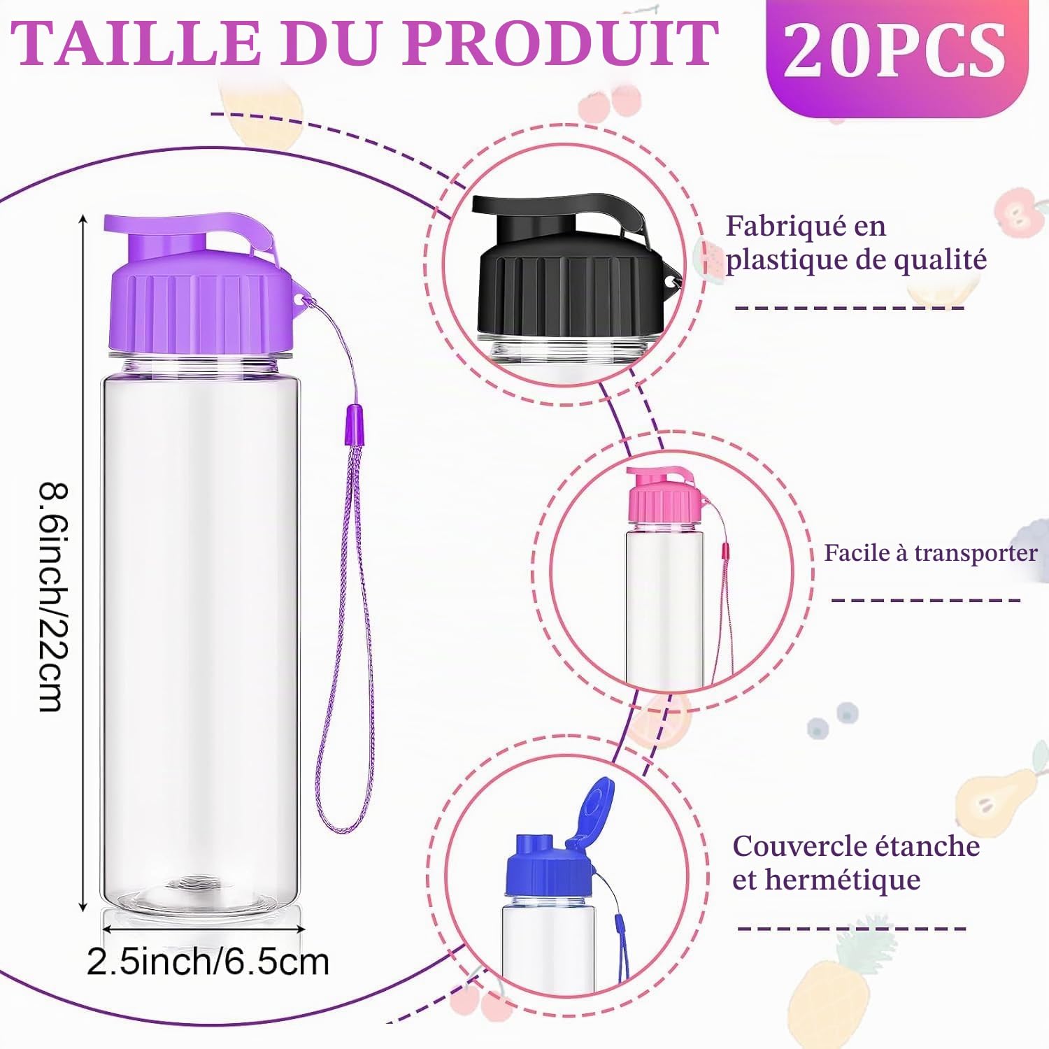 MSYU Lot de 20 bouteilles d'eau en plastique avec poignée - Légères et étanches - Pour adultes - 500 ml - Multicolore